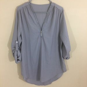 Grey Front Zipper Blouse Plus Size